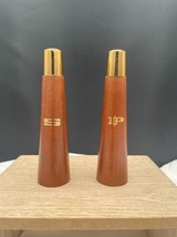 MCM Pillar Wood with Gold Tone Top Salt and Pepper Shaker Set Plastic Stoppers - £7.81 GBP