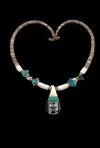 Vintage Santo Domingo Gold Tone Turquoise Inlay Kachina Heishi Bead Necklace - £27.17 GBP