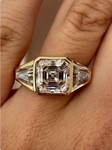 3Ct Asscher Cut Lab-Created Diamond Women Three Stone Ring 14k YellowGold Plated - £133.16 GBP
