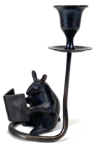 Vintage Mouse Reading Book Candle Holder Black Cast Iron 6” Tall - £25.20 GBP