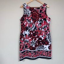 PERCEPTIONS Sheath Mini Dress 16 P Red Black White Floral Sleeveless Business - £25.02 GBP