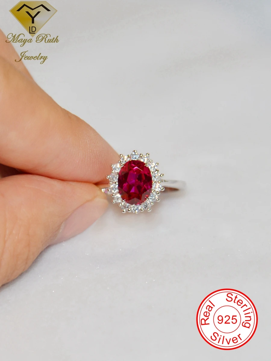 Ruby Real Echt 925 Sterling Silver Party Ring For Women Gemstone Halo Diana Prin - £54.12 GBP