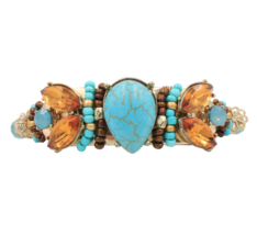 Bracelet Faux Turquoise Rhinestone Gold Tone Cuff - $39.59
