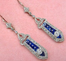 Antique Art Deco .54ctw Diamond 1.1ctw Sapphire Cocktail Dangle Earrings c1930 - £2,713.07 GBP