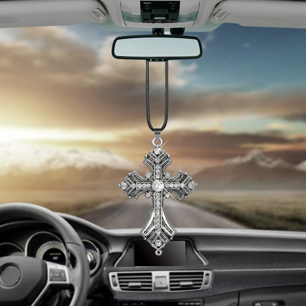 Car Pendant Automobiles Decoration Metal Diamond Hanging Cross Auto Inte... - £11.30 GBP