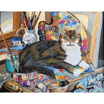 2007 My Cat is An Artist Blue Eyes Calico Acrylic Painting - £71.14 GBP