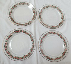 Vtg French Christmas Dessert Plates Set Of 4 Holly Berries Arcoroc France 8&quot; - £11.79 GBP