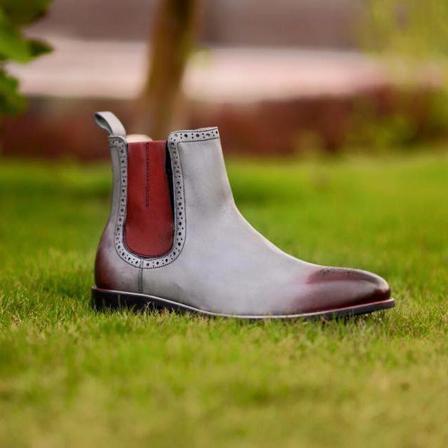 Handmade Men Tom Grey Red color Chelsea Leather Boot,Men Ankle High Leather boot