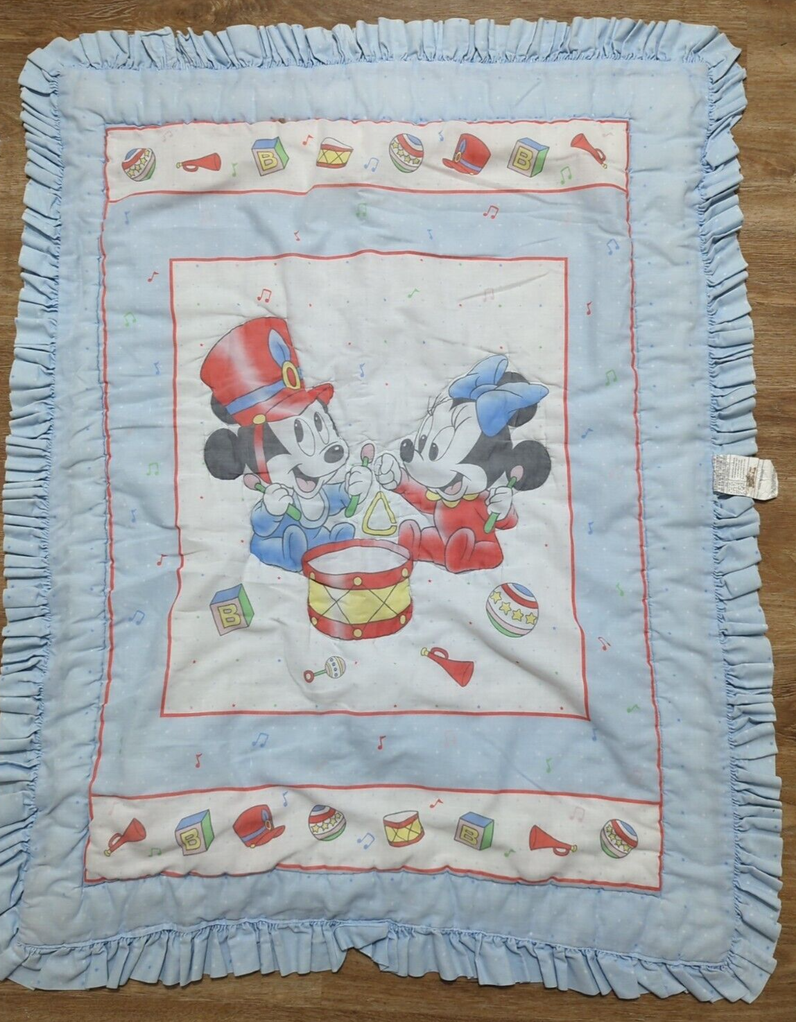 Disney Babies Mickey Minnie Mouse Drum toys Crib quilt comforter blue FLAWS - £79.12 GBP