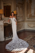 Mermaid with Off-Shoulder Neck &amp; Long Train in Premium Floral Lace in Of... - $519.00