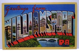 Greetings From Williamsport Pennsylvania Large Big Letter Postcard Linen PA - £28.21 GBP