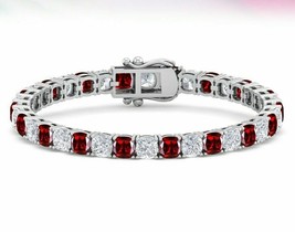 15Ct Cushion Cut CZ Garnet Solitaire Tennis Bracelet 14K White Gold Plated - £316.53 GBP