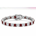 15Ct Cushion Cut CZ Garnet Solitaire Tennis Bracelet 14K White Gold Plated - £293.04 GBP