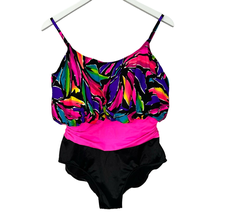  Vintage 90s Catalina One Piece Swimsuit Blouson Banded Neon Black Size 14 - $49.45