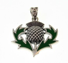 Solid 925 Sterling Silver Celtic Alba Thistle Pendant With Green Enamel - £37.57 GBP