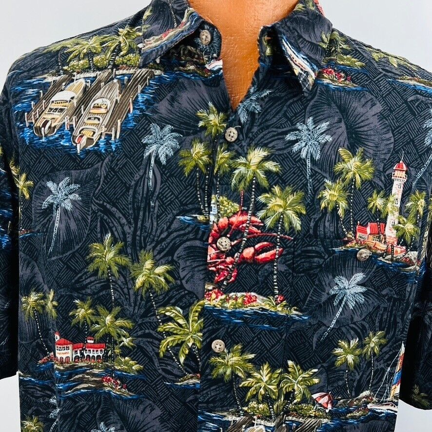 Campia Hawaiian Aloha XL Shirt Tiki Huts Boats Palm Trees Ocean Islands Tropical Item image 5