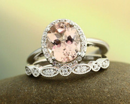 1.90Ct Oval Cut Peach Morganite 14K White Gold Finish Women&#39;s Bridal Ring Set - £73.23 GBP