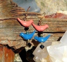 Pink and Blue Bird Drop Dangle Earrings for Nature Lovers by Solara Solstice  - $18.00