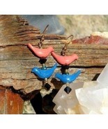 Pink and Blue Bird Drop Dangle Earrings for Nature Lovers by Solara Solstice  - $18.00