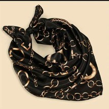 Vintage Chain Print Square Scarf Black and Gold , Elegant Satin Neckerchief - £19.55 GBP