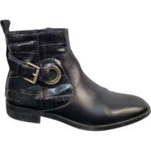 Zara Flat Ankle Moto Boots Womens Black Size 6.5 Croc Leather Square Toe Buckle - £19.14 GBP