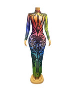 Colorful Printed Rhinestones Mesh Long Dress - $135.95