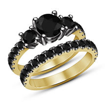 1.65 Ct Black Diamond Bridal Set Three Stone Engagement Ring 14k Yellow Gold Fn - £75.83 GBP