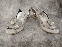 Unique John Fashion Gold Bubble Heels Slide Silver Beaded Size 9 Peep toe Sandal - £32.24 GBP
