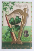 St Patricks Day Harp of Erin Shamrock Top Hat Gold Embossed Postcard c1910s - £7.50 GBP