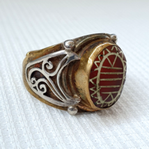 Antique Tibetan Etched Agate Center Stone Silver Inlay Gold Plated brass... - £77.72 GBP
