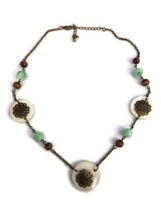 Bronze Filigree White Disc Pendant Brown Blue Beaded Necklace - £15.97 GBP