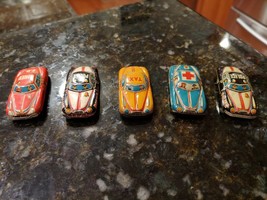 Vintage Lot of 5 Small Tin Miniature Toy Cars with Metal Wheels Unmarked - £39.15 GBP