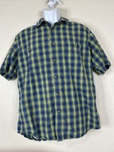 Cabela&#39;s Men Size M Blue Check Plaid Button Up Shirt Short Sleeve Pockets - £5.42 GBP