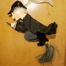 Vintage Handmade Halloween  Hanging Flying Witch On Broom Straw Decoration EUC! - £39.86 GBP