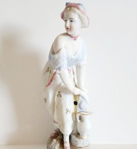 1950s Porcelain Figurine Woman At Pier w/Water Jug and Fan Antique 8&quot; Fig1 - $50.98