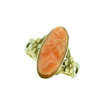 10k Gold Art Nouveau Genuine Natural Coral Cameo Ring Carved Flowers (#J4723) - £240.61 GBP