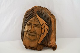 First Nations Wood Carving by Wanik 1978 Canada Face with Feather in Tree Bark - £77.17 GBP