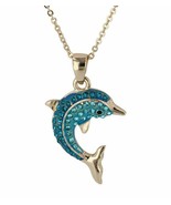 Crystal Kingdom Gold Tone Dolphin Pendant Necklace 15-17&quot; Chain In Jewel... - £11.59 GBP