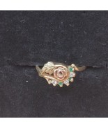 Vintage 10K Gold Rose Ring with Emeralds(1 missing) and Diamonds,  Size 7 - $260.00