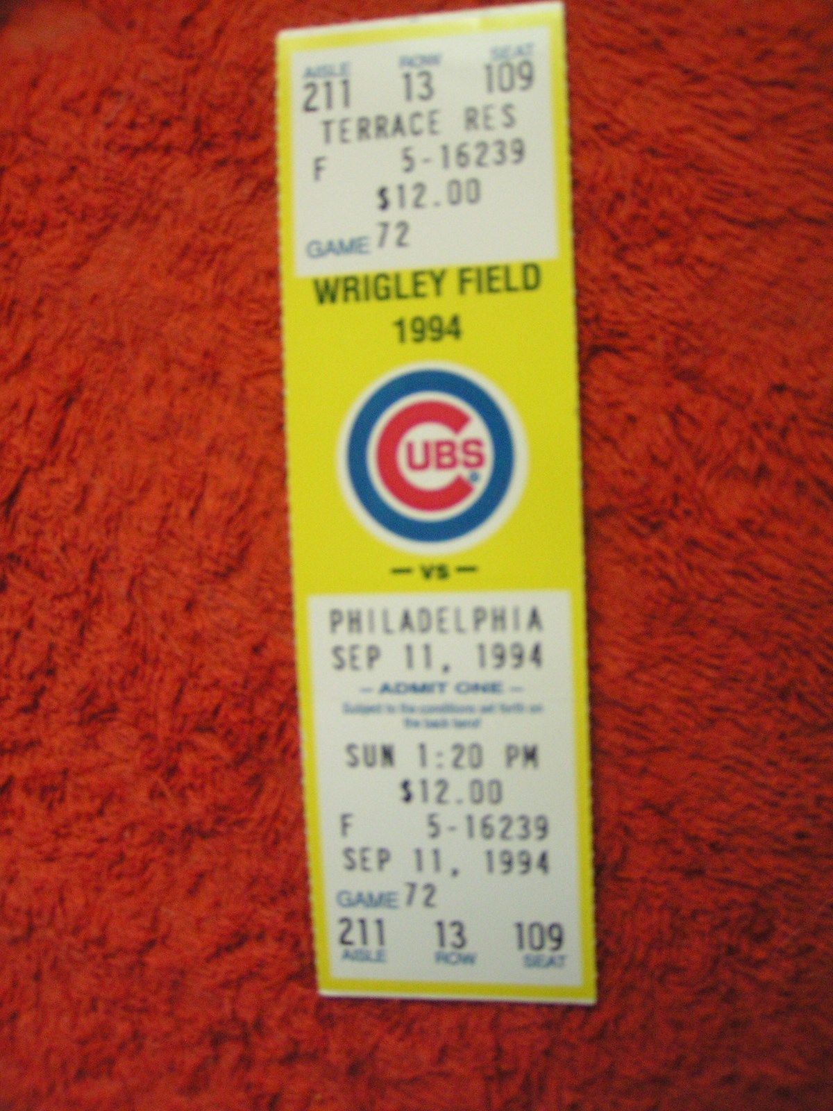 MLB 1994 Chicago Cubs Ticket Stub Vs. Philadelphia Phillies 9/11/94 - £2.74 GBP