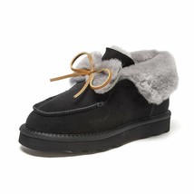 Loafers Winter Women Cow Suede Leather Round Toe Slip-On Warm Wool Bowknot Decor - $141.03