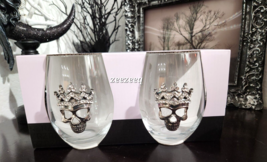 X2 H Alloween Jeweled Rhinestone Skull With Crown Stemless Wine Glasses Gorgeous! - £31.69 GBP