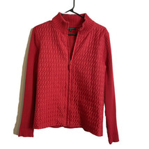 For Cynthia Womens Sweater Jacket Quilted Front Full Zip Red Ribbed Knit... - $13.63