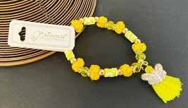 BRACELET: YELLOW CRYSTAL BEADS ON KNOTTED NYLON W/BUTTERFLY NEW! MANY CO... - £2.39 GBP