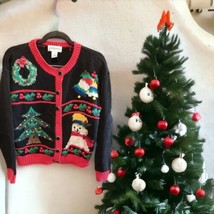 Baxter &amp; Wells Ugly Cute Christmas Cardigan Sweater Petite M Wreath Tree... - £22.84 GBP