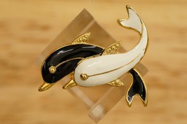 Vintage Costume Jewelry Gold Black &amp; White Enamel Swimming Dolphins Brooch Pin - £13.89 GBP