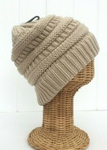 Men Women Winter Knit Solid Tan Beige Beanie Hat Soft Stretch Thick Bagg... - £14.05 GBP