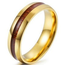 Walnut Wood Inlay Ring Gold Stainless Steel Anniversary Wedding Band Size 7-11.5 - £13.58 GBP