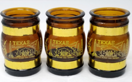 San Antonio Texas Shot Glasses Barrels Amber Glass Gold Metal Band Set of 3 - $18.95