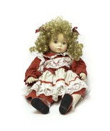 Porcelain Collectible Doll red Dress Blond Hair Sitting 11&quot; Vintage - £18.28 GBP
